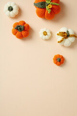Set of crocheted pumpkins and a flower on peach backdrop
