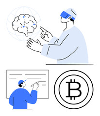 Human interacts with virtual brain using augmented reality, explains concepts on whiteboard, bitcoin blockchain as digital currency. Ideal for AI, VR, blockchain, finance, technology, innovation