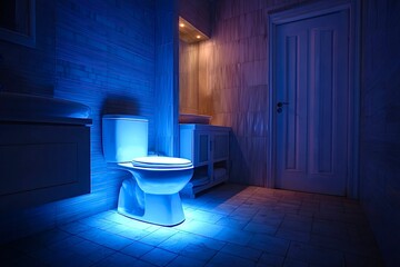 Modern bathroom interior design with blue lighting illuminating toilet