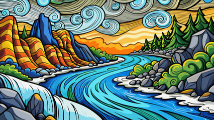 Mountain river and forest abstract cartoon illustration vector design