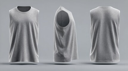 Grey heather boxing training tank top mockup, front, side, back views on grey background
