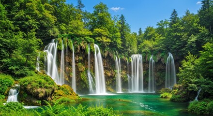 Fototapeta premium Croatia's Stunning Waterfall: Lush Green Paradise