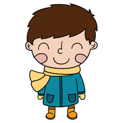 Obraz premium Hand drawn cartoon cute boy in winter clothes on white background.