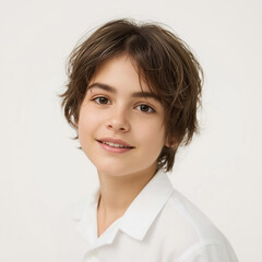 Portrait of a bright-eyed young American boy wearing white shirt