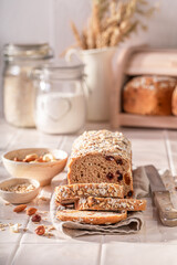 Healthy delicacies bread with nuts, raisins and dried fruits.