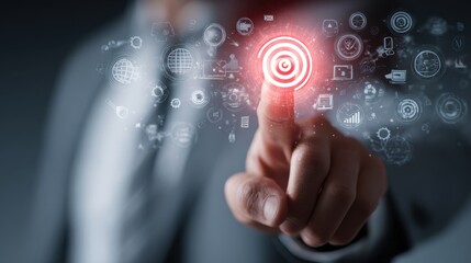 Close-Up of Businessman Hand Touching Digital Interface with Target Icon and Various Technology Symbols Representing Data Analysis and Innovation