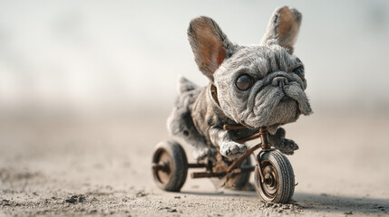 A gray french bulldog riding a small tricycle on a sandy surface outdoors today