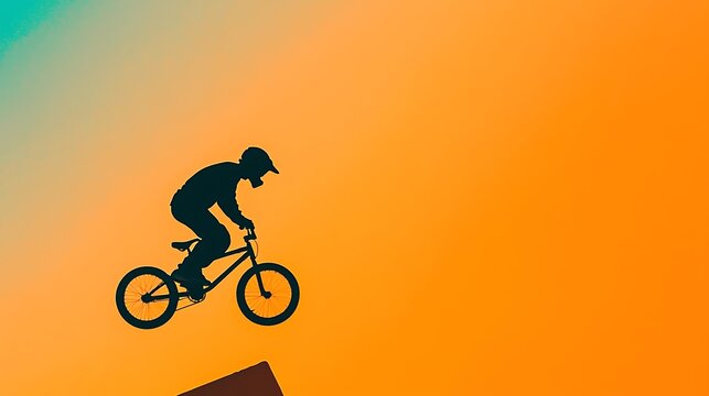 BMX Rider Silhouette Jumping Against Orange Sky