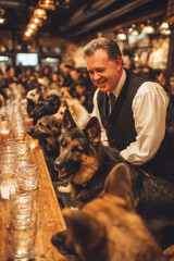 Man smiling with german shepherds lined up at a bar with glasses of water ready