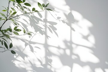 An elegant white backdrop with abstract shadows of window panes and leafy branches. The soft, diffused lighting creates a modern and minimal setting