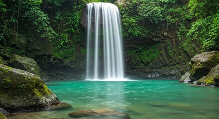 Fototapeta premium Serene Waterfall in Lush Tropical Paradise