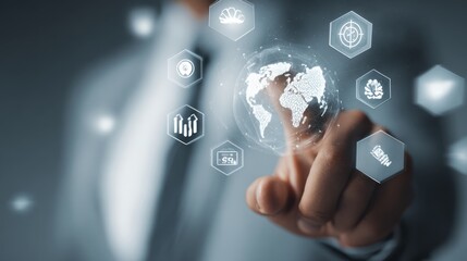 Business professional interacting with digital interface showcasing global data, analytics, and technology icons for modern corporate solutions and innovation