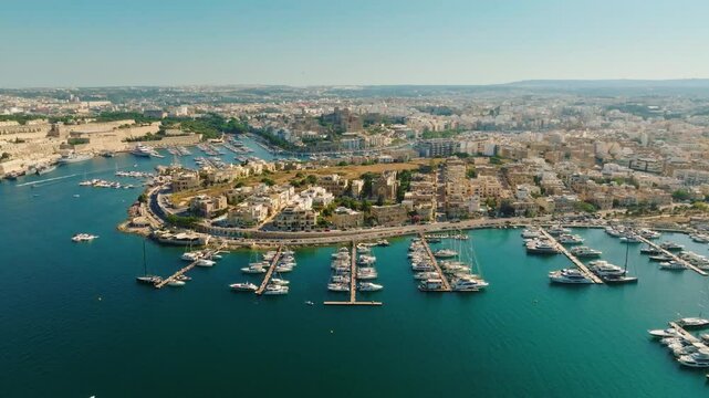 Drone top aerial view of Msida yacht marina, Ta' Xbiex city. Maltese island