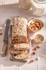 Delicious delicacies bread with nuts, raisins and dried fruits.