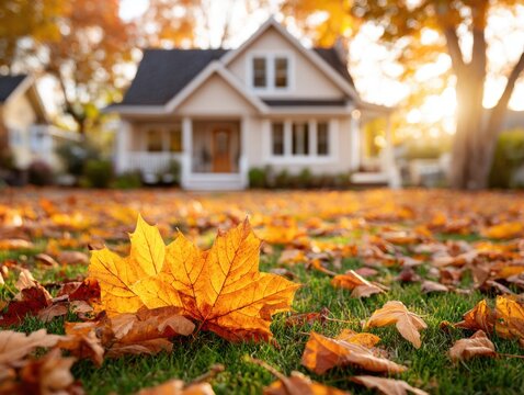 Bright maple leaves on grass, blurred house in the background, autumn sunny day in residential area.