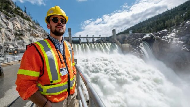 Hydropower Engineer: A focused hydropower engineer in a safety vest and hardhat surveys a massive dam and its powerful cascading water, symbolizing renewable energy and engineering expertise. 
