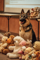 German shepherd dog sitting behind a row of teddy bears looking to the right side