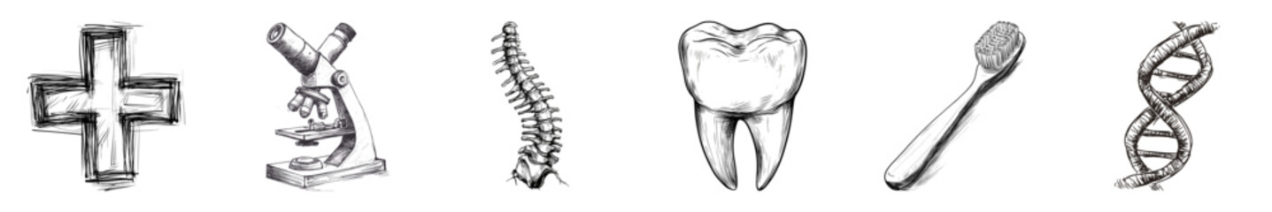 Set of sketch-style medical and healthcare icons in black and white