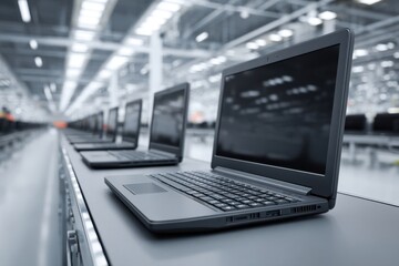 Many laptops on assembly line in factory, ready for shipping, testing, or packaging.