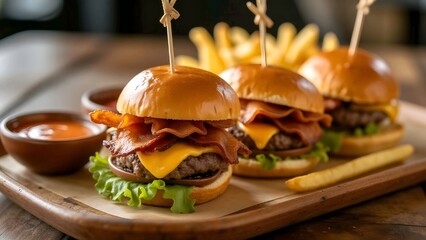 Three mini burgers with cheese, bacon, and lettuce served with fries on a wooden platter, perfect for a casual meal.