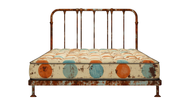 Rusted bedframe and patterned mattress, frontal view