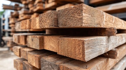 Stacked lumber planks, ready for construction projects, visible wood grain.