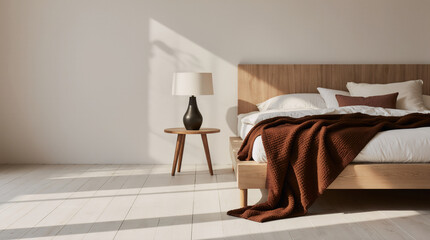 A warm minimalist bedroom with a low-profile platform bed, rust-colored throw blanket, and a sculptural ceramic lamp. Overhead shot focusing on layered details.