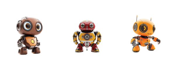 Three colorful cute robots with big eyes display diverse expressions and unique designs