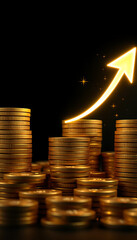 Golden coins stacked high signify growth, accompanied by a glowing upward arrow against a dark backdrop symbolizing success.
