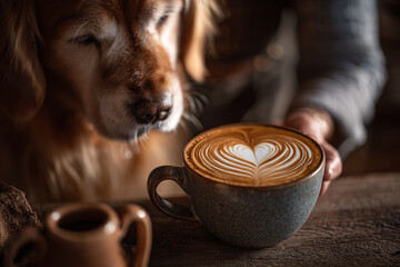 Golden retriever curiously looks at a cup of latte art on a wooden table top