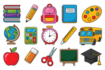 Back to School Colorful Icons of Education Supplies and Learning Essentials