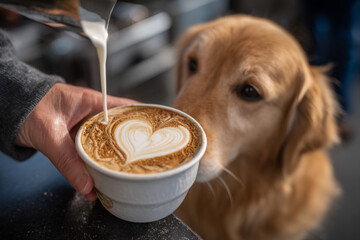 Milk being poured into coffee with heart design and golden retriever watching close