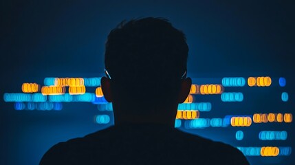Silhouette Man Watching Bokeh Data Lights