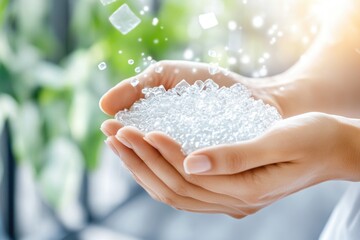 Sustainable biodegradable polymer granules in hands beneath lush greenery
