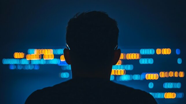 Silhouette Man Watching Bokeh Data Lights
