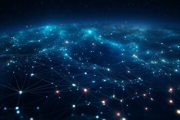 Obraz premium Complex network of interconnected glowing nodes forming a futuristic plexus landscape in digital cyberspace