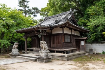 Captivating view of an aged shrine nestled amongst vibrant verdant trees, showcasing traditional Japanese architecture and serene atmosphere.