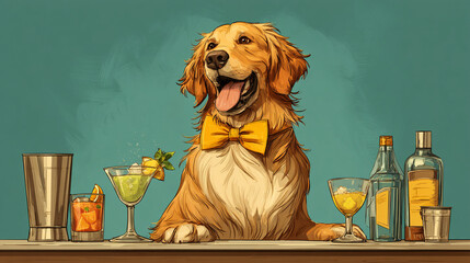 A golden retriever wearing a bow tie behind a bar with cocktails and liquor bottles