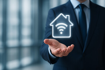 A businessman in a suit holding a glowing smart home icon. Smart home tech for bussiness