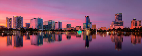 Vibrant Cityscape at Dusk with Colorful Sky and Reflective Water