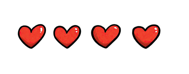 Four stylized red hearts