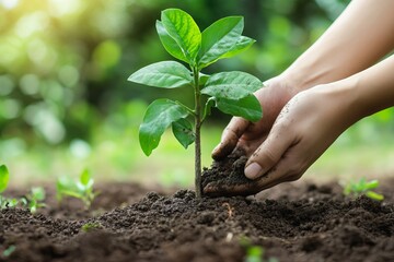 Young green plant being carefully planted in fertile soil by human hands, symbolizing growth, sustainability, and environmental conservation for eco-friendly and nature-related concepts