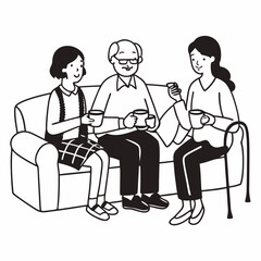 Family members of two generations grown daughter and mature father having fun enjoy tea talk on cozy couch. Attentive young lady caregiver social worker visit support care for glad elderly man patient