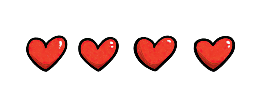 Four stylized red hearts