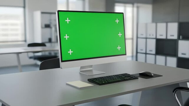 Modern desktop computer with green screen mockup on clean workspace background