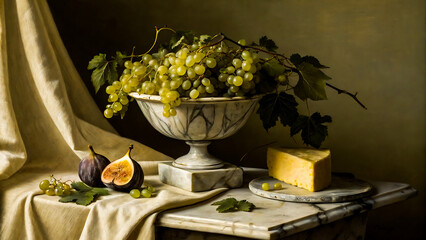 Classic Still Life with Grapes, Figs, and Cheese on Marble Table – Vintage Food Art Style