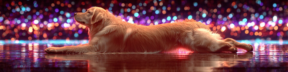 A golden retriever lying down on a reflective surface with bokeh lights behind it