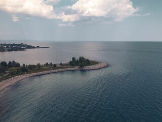 Aerial view of a serene coastal landscape.