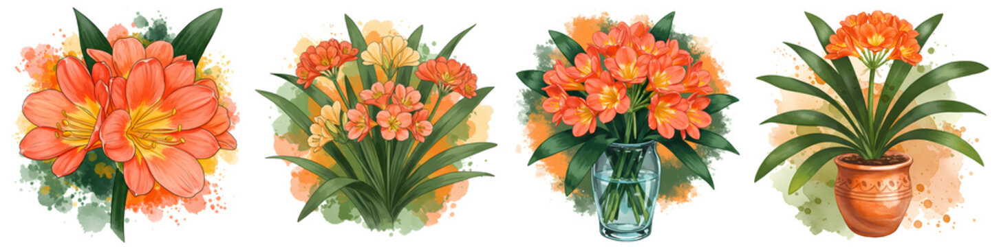 Beautiful clivia miniata illustration set for botanical art prints and floral design projects usage on transparent background