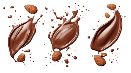 Delicious chocolate splashes surround almonds isolated on transparent background providing a rich, appetizing food scene.